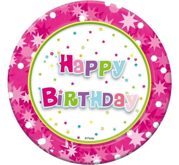Pink Happy Birthday papperstallrikar 6-pack 18 cm