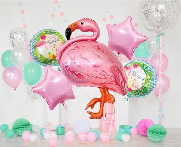 Set med 5 folieballonger i form av rosa flamingos