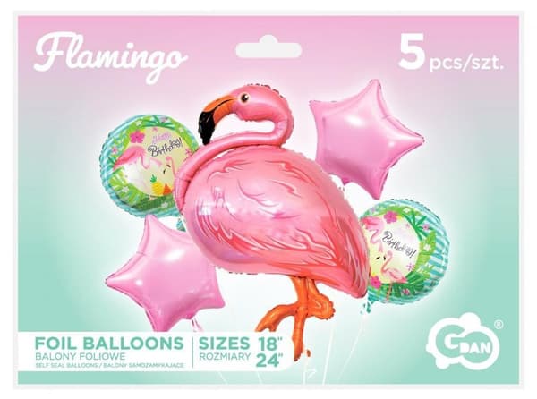 Set med 5 folieballonger i form av rosa flamingos