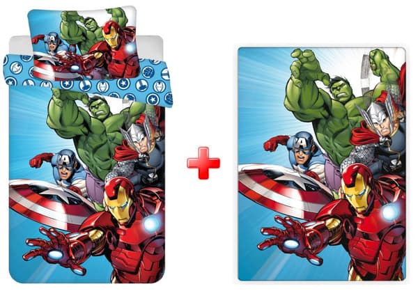 Barnsängkläder i ljusblått med Avengers och fleecetäcke