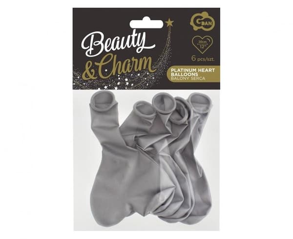 Platinum Silver Heartballonger 6 stycken, 12 tum (30 cm)