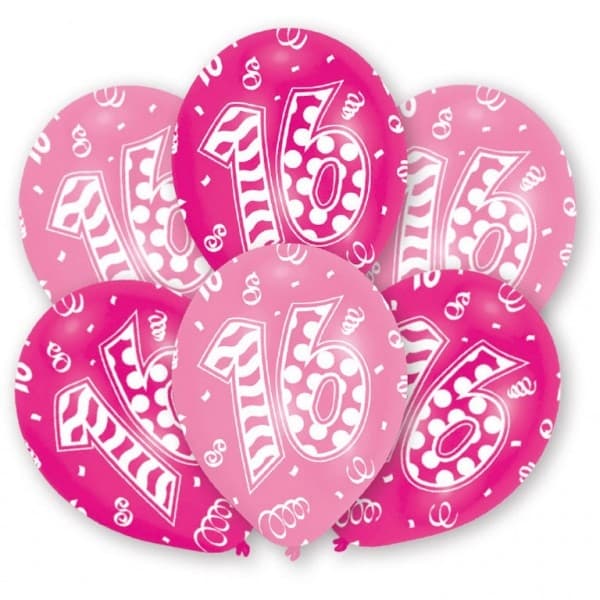 16 rosa "Happy Birthday"-ballonger, 6-pack, 11 tum (27,5 cm)