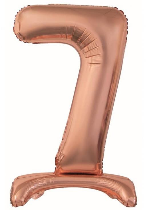 Roséguldig siffra 7 folieballong med bas, 74 cm