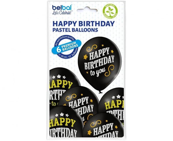 Svart Happy Birthday-ballong, 6 st, 12 tum (30 cm)