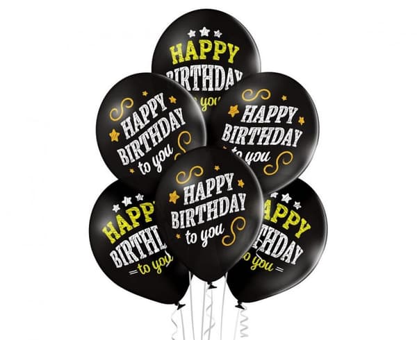 Svart Happy Birthday-ballong, 6 st, 12 tum (30 cm)