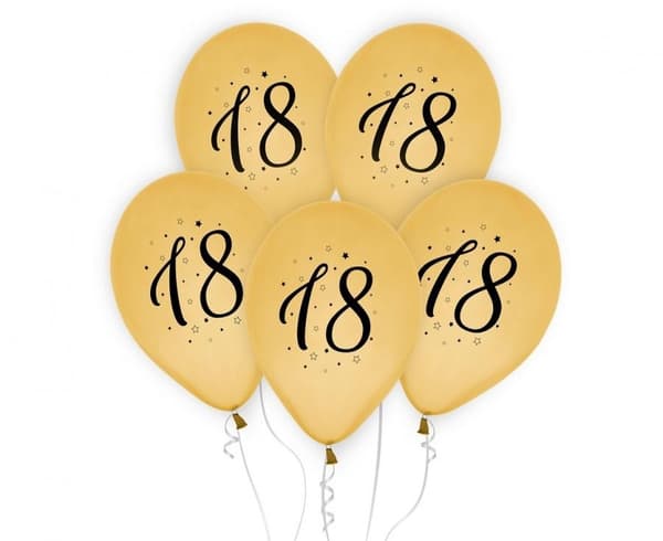 18-årsballonger Happy Birthday Gold, 5 st 30 cm (12 tum)