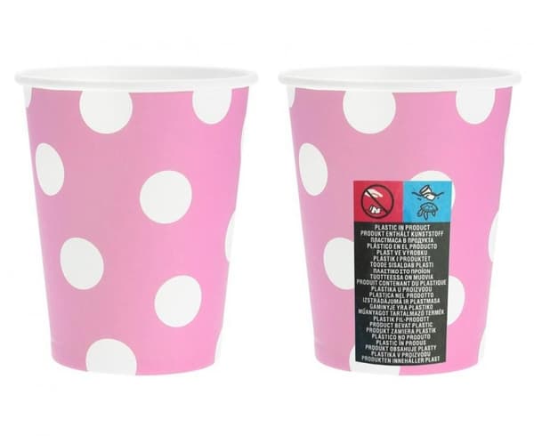 Set med 6 rosa papperskoppar med prickar, 270 ml