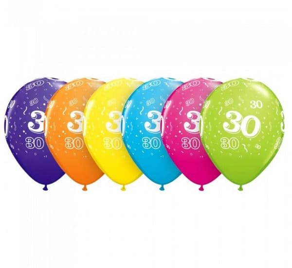 Färgglad Happy Birthday 30 Ballong - Pastellmix, 11 tum (28 cm), 6-pack
