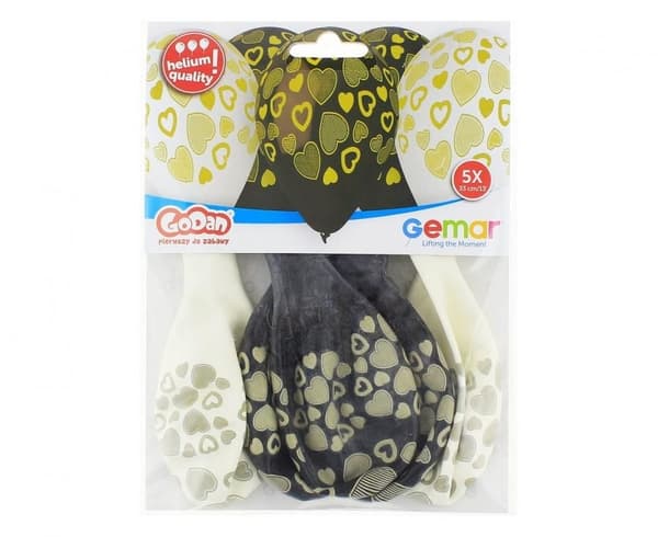 Hjärtballong med gyllene hjärtan, 5-pack, 13 tum (33 cm)