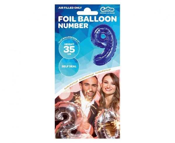 Blå nummerballong 9, mini folieballong 35 cm