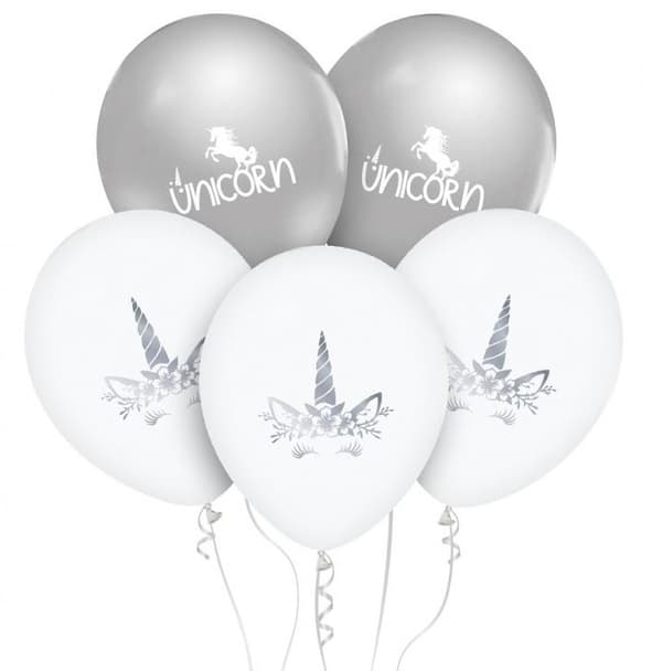 5 stycken 12 tum (30 cm) silverfärgade unicorn ballonger