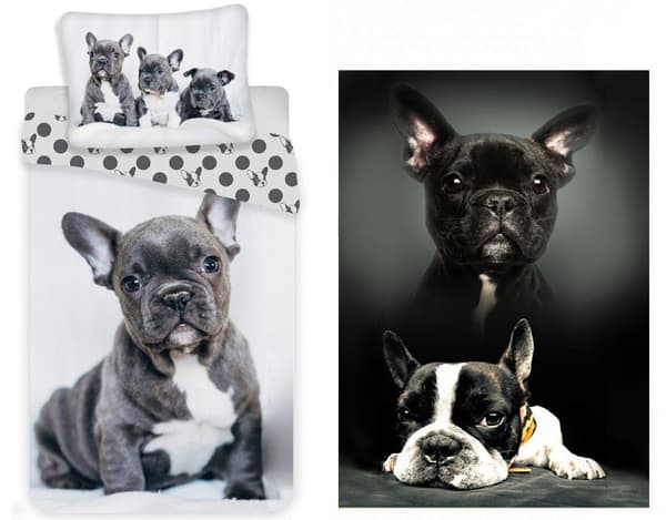 Sängset med franska bulldogar och polarfiltset