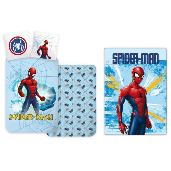 Barnsängkläder och polarfiltset i ljusblått med Spiderman