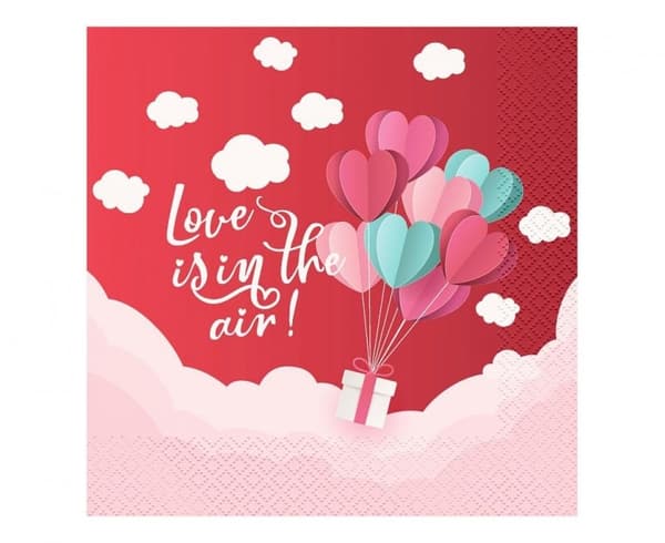 Röd servettpaket med 20 st "Love Love Is In The Air" 33x33 cm