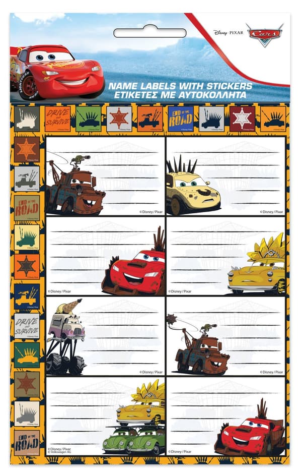 Disney Cars Road anteckningsboksetiketter med klistermärken, 16-pack