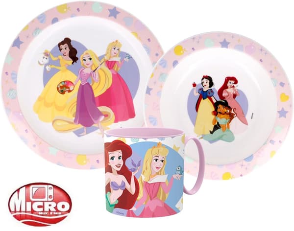 Mikrovågsugnssäkert plastservis för Disney Princess – komplett middagsset med 265 ml mugg