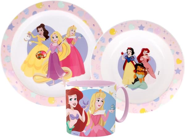 Mikrovågsugnssäkert plastservis för Disney Princess – komplett middagsset med 265 ml mugg