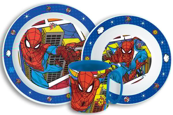 Spiderman rutmönstrad middagsservis, mikropartikelsats med mugg 350 ml
