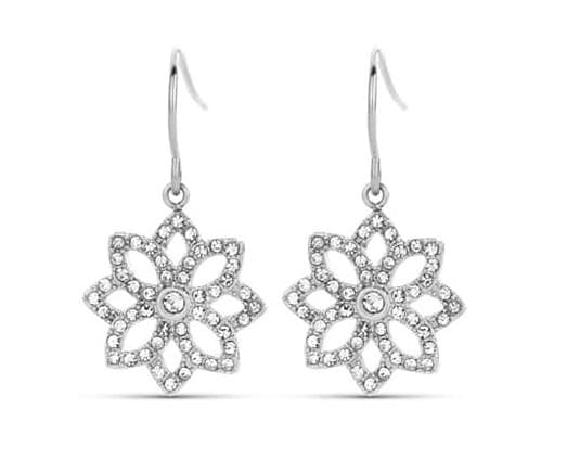 Victorias silverfärgade örhängen med vita stenar och blommotiv