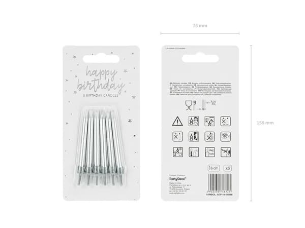 Födelsedagstårtljus silverfärgade 6 cm 6 stycken