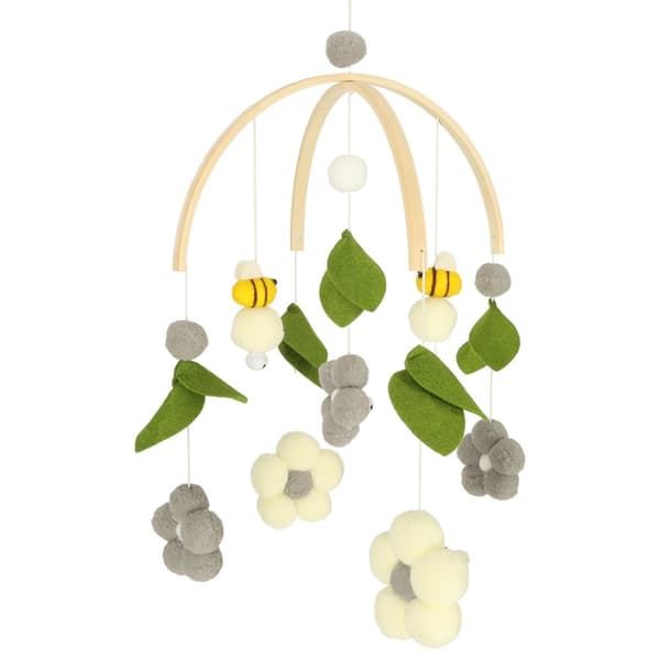 Spjälsängskarusell plyschhängen blommor grå