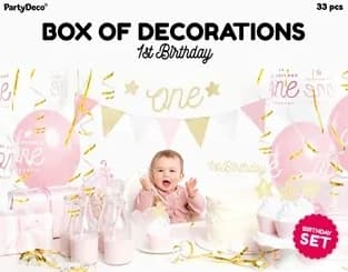 Födelsedagsfestdekorationer för 1-årsdagen i rosa och guld