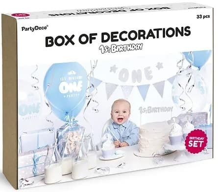 Födelsedagsfestdekorationer för 1-årsdagen i blått och silver