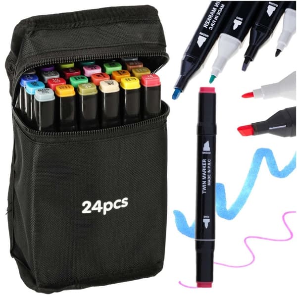 24-Pack Tuschpennor med Fodral - Färgpennor Dubbelsidiga Pennor