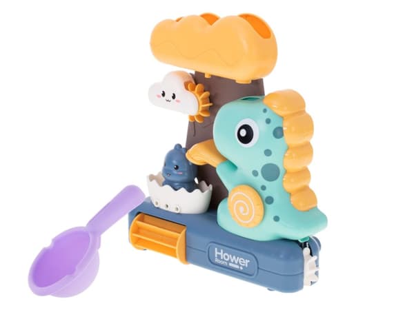 Badleksaksdusch med dinosauriehjul