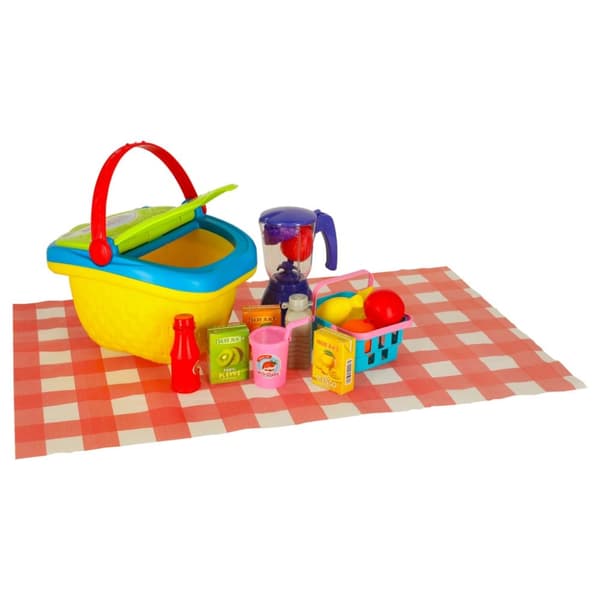 Picknickkorg fruktjuicer drycker mat leksaker