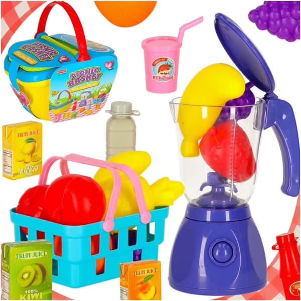 Picknickkorg fruktjuicer drycker mat leksaker