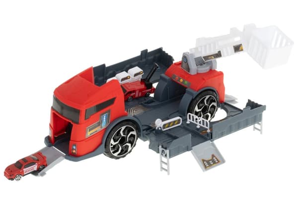 Transportbil TIR 2i1 parkeringsgarage brandkår + 3 bilar röd