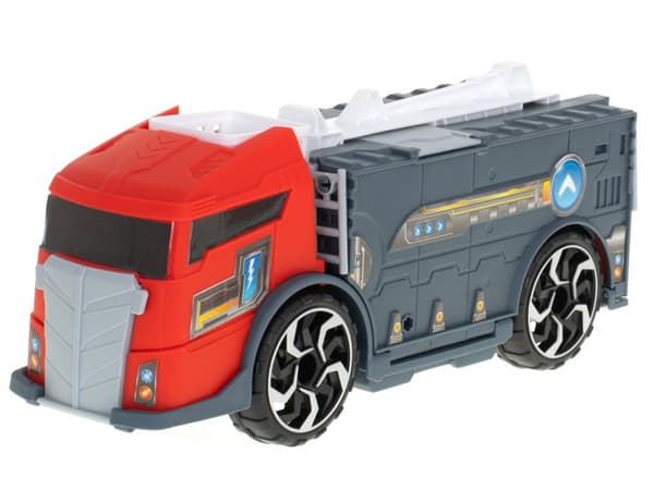 Transportbil TIR 2i1 parkeringsgarage brandkår + 3 bilar röd