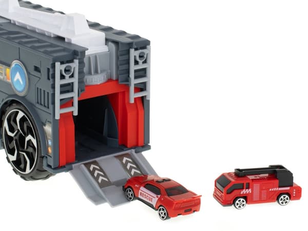 Transportbil TIR 2i1 parkeringsgarage brandkår + 3 bilar röd