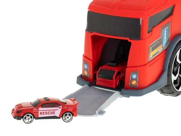 Transportbil TIR 2i1 parkeringsgarage brandkår + 3 bilar röd