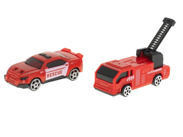 Transportbil TIR 2i1 parkeringsgarage brandkår + 3 bilar röd