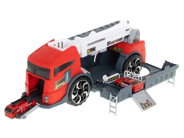 Transportbil TIR 2i1 parkeringsgarage brandkår + 3 bilar röd
