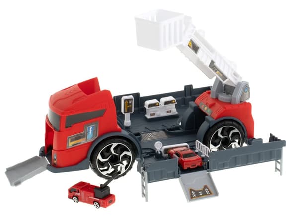 Transportbil TIR 2i1 parkeringsgarage brandkår + 3 bilar röd