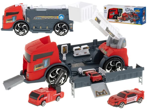 Transportbil TIR 2i1 parkeringsgarage brandkår + 3 bilar röd