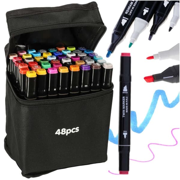 48-Pack Tuschpennor med Fodral - Färgpennor Dubbelsidiga Pennor