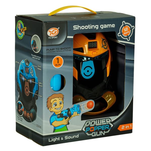 Målskytte robothuvud arkadspel set pistol + bollar