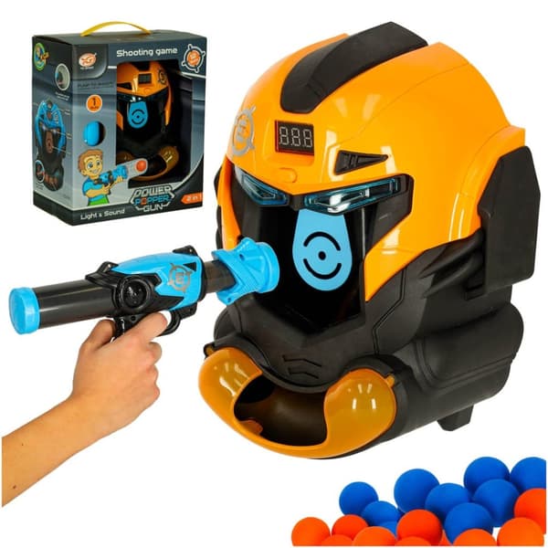 Målskytte robothuvud arkadspel set pistol + bollar