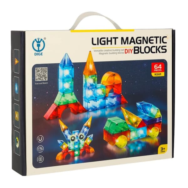 3D-konstruktionsmagnetiska LED-glödande tegelstenar 64 bitar