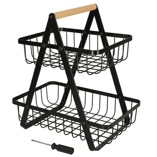 Dubbeldäckad fruktkorg i metall och trä