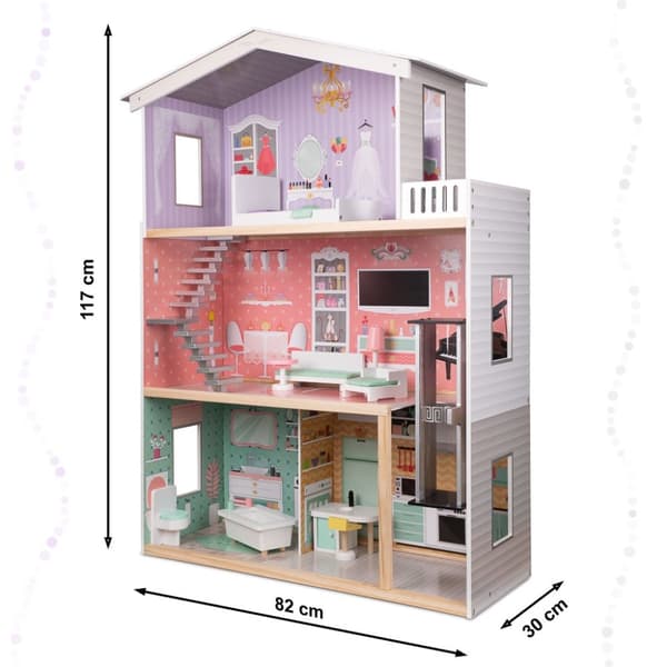 Dockhus i trä + möbler pastellfärgade 117 cm