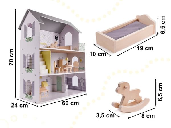 Trädockhus + möbler 70 cm grått
