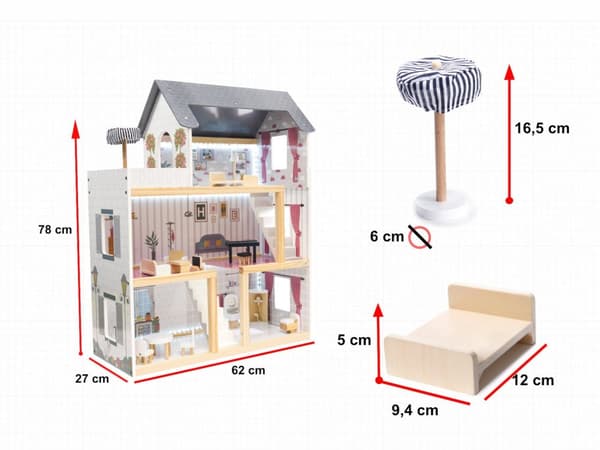 MDF-dockhus i trä + möbler 78 cm svart LED