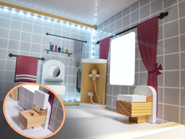 MDF-dockhus i trä + möbler 78 cm svart LED