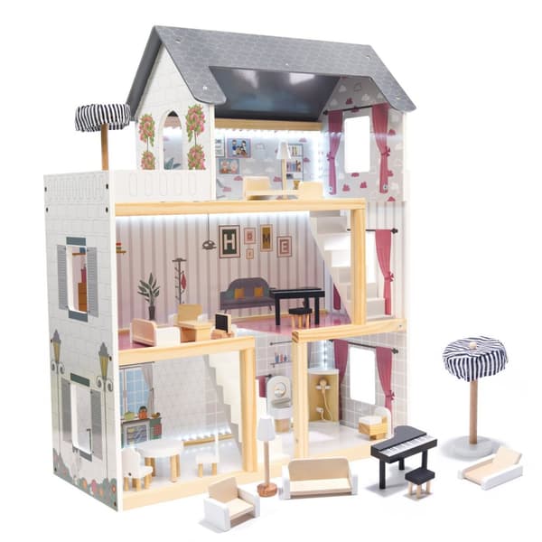 MDF-dockhus i trä + möbler 78 cm svart LED