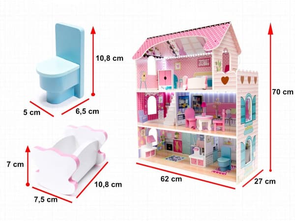 MDF-dockhus i trä + möbler 70 cm rosa LED